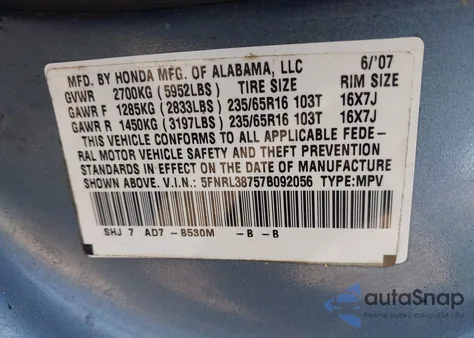 2007 Honda Odyssey Ex-L z USA, uszkodzony, nr VIN 5FNRL38757B092056